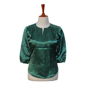 Womens Silky Blouse Green 3/4 Sleeve V-Neck Lightweight Relaxed Casual Top Large